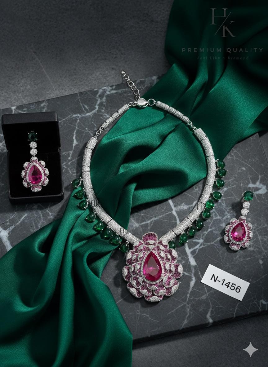 American Diamond Bridal Necklace Set | Emerald & Ruby Style Indian Wedding Jewelry