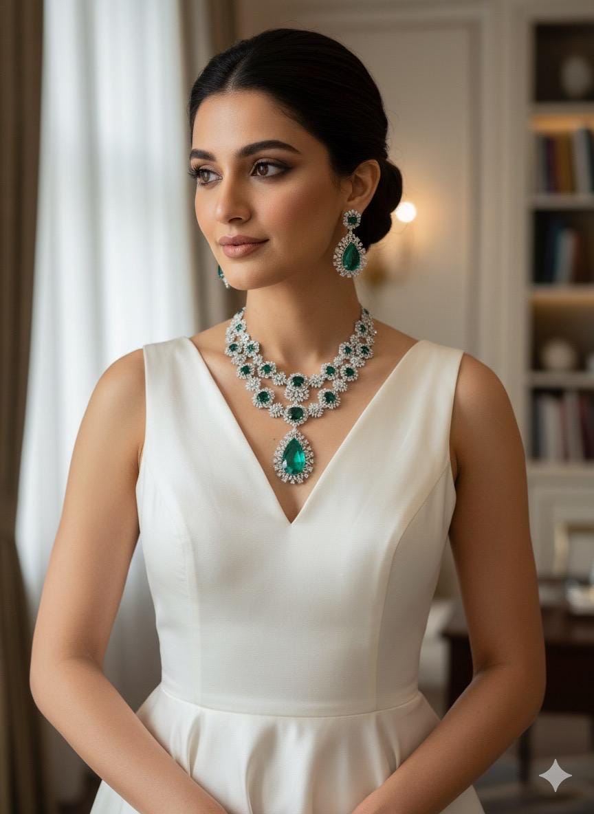 Emerald Style American Diamond Necklace Set | CZ Bridal Statement Earrings, Wedding Jewelry
