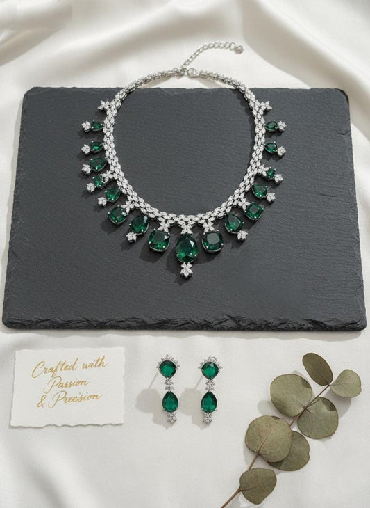 American Diamond Necklace Set: Emerald Green Jewelry