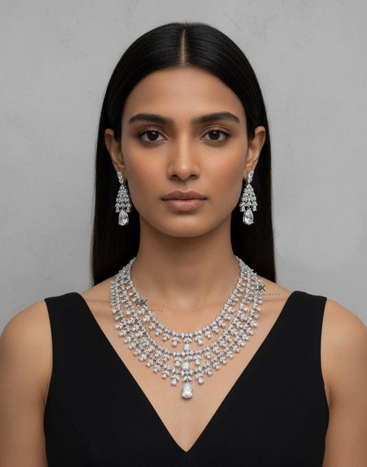 American Diamond 3 layer  Necklace & Earrings Set: Elegant Indian Jewelry