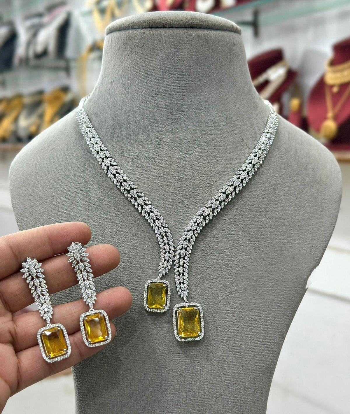 American Diamond Necklace Set: Bridal Indian Jewelry with Earrings