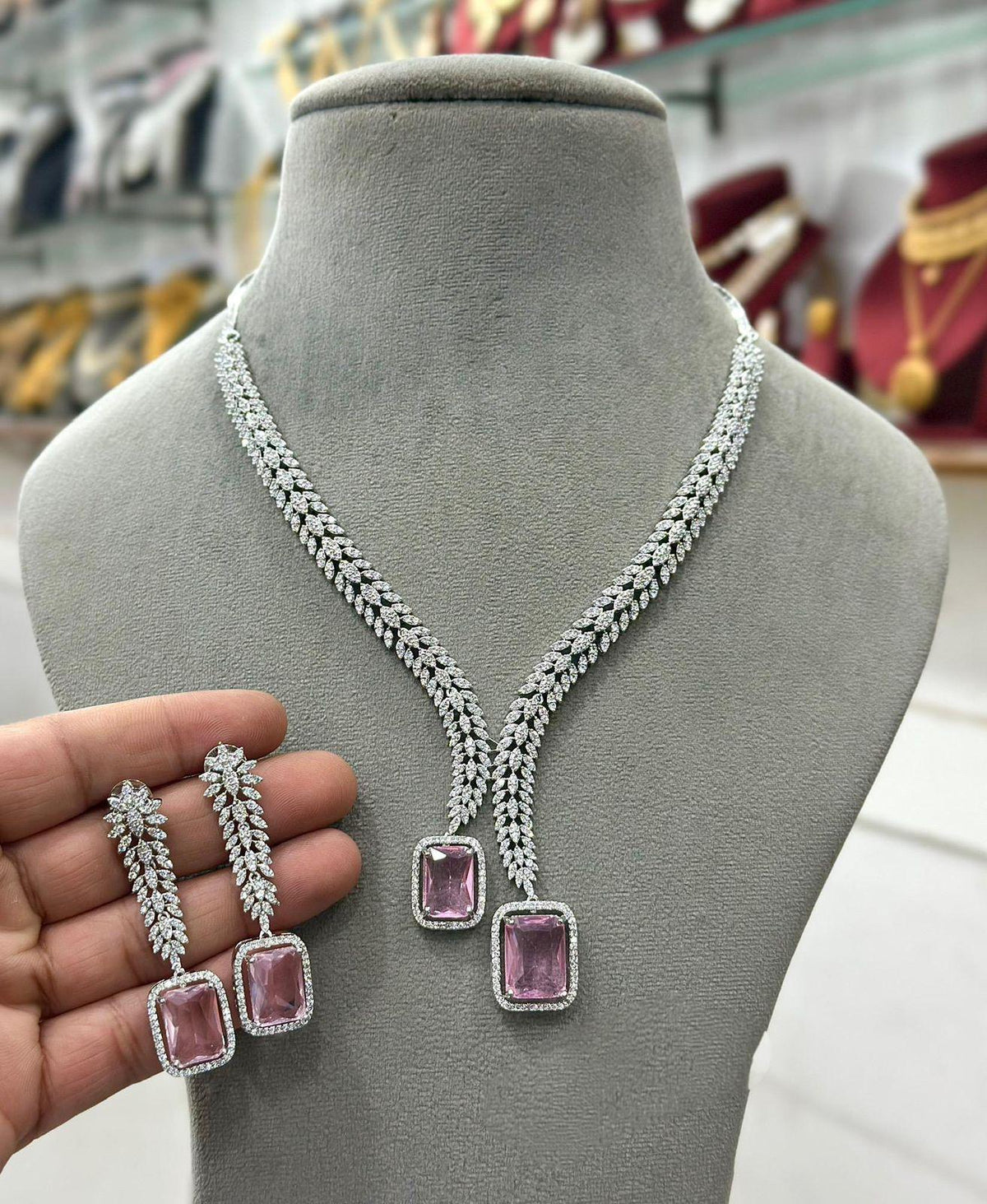 American Diamond Necklace Set: Bridal Indian Jewelry with Earrings