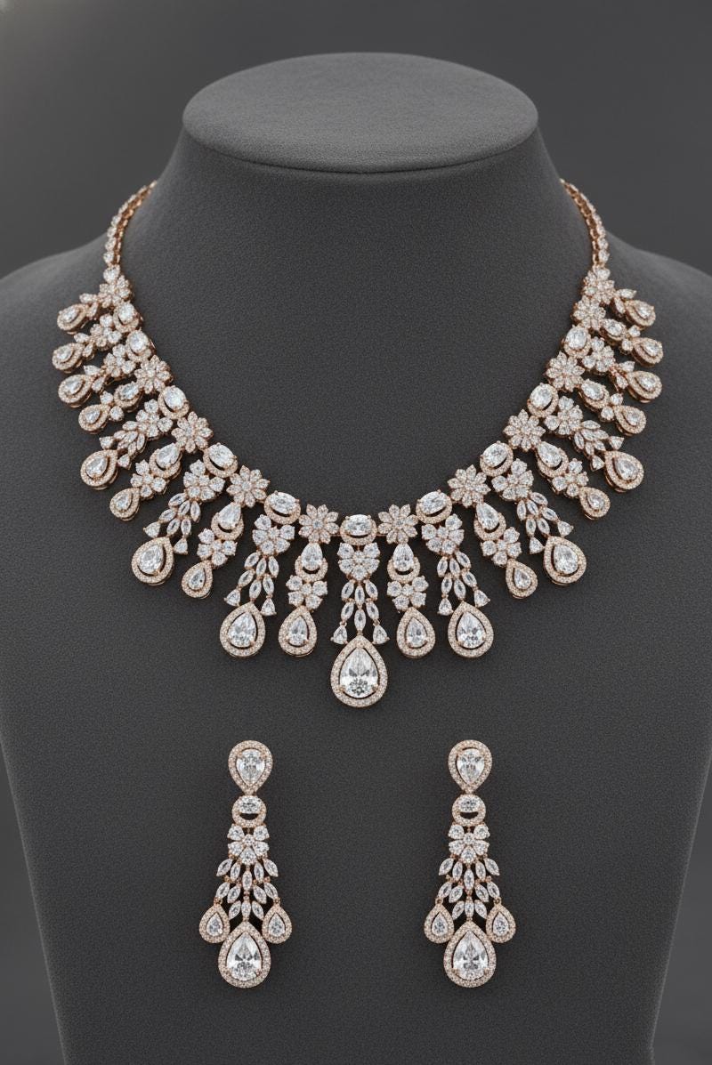 American Diamond Necklace with Earrings & maangtikka  Set , Party wear And Anniversary Gift jewelry
