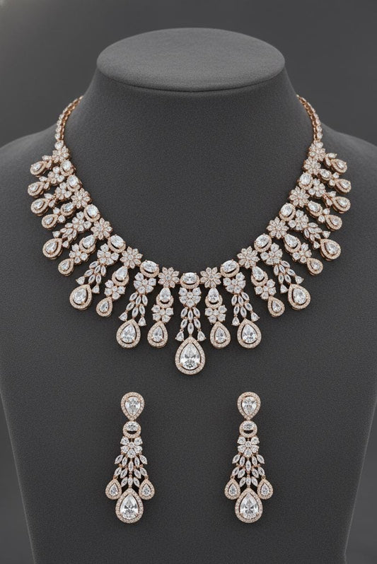 American Diamond Necklace with Earrings & maangtikka  Set , Party wear And Anniversary Gift jewelry