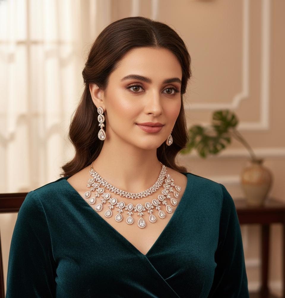 AD Stone Indian Bridal Jewelry Set | American Diamond Necklace Earrings