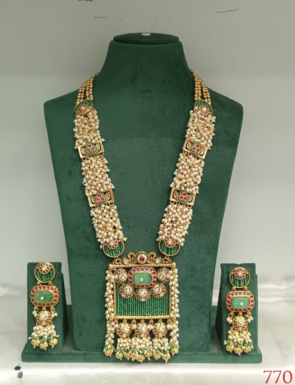 Kundan Rani Haar Necklace with Green Beads & Pearls | Indian Bridal Jewelry Set