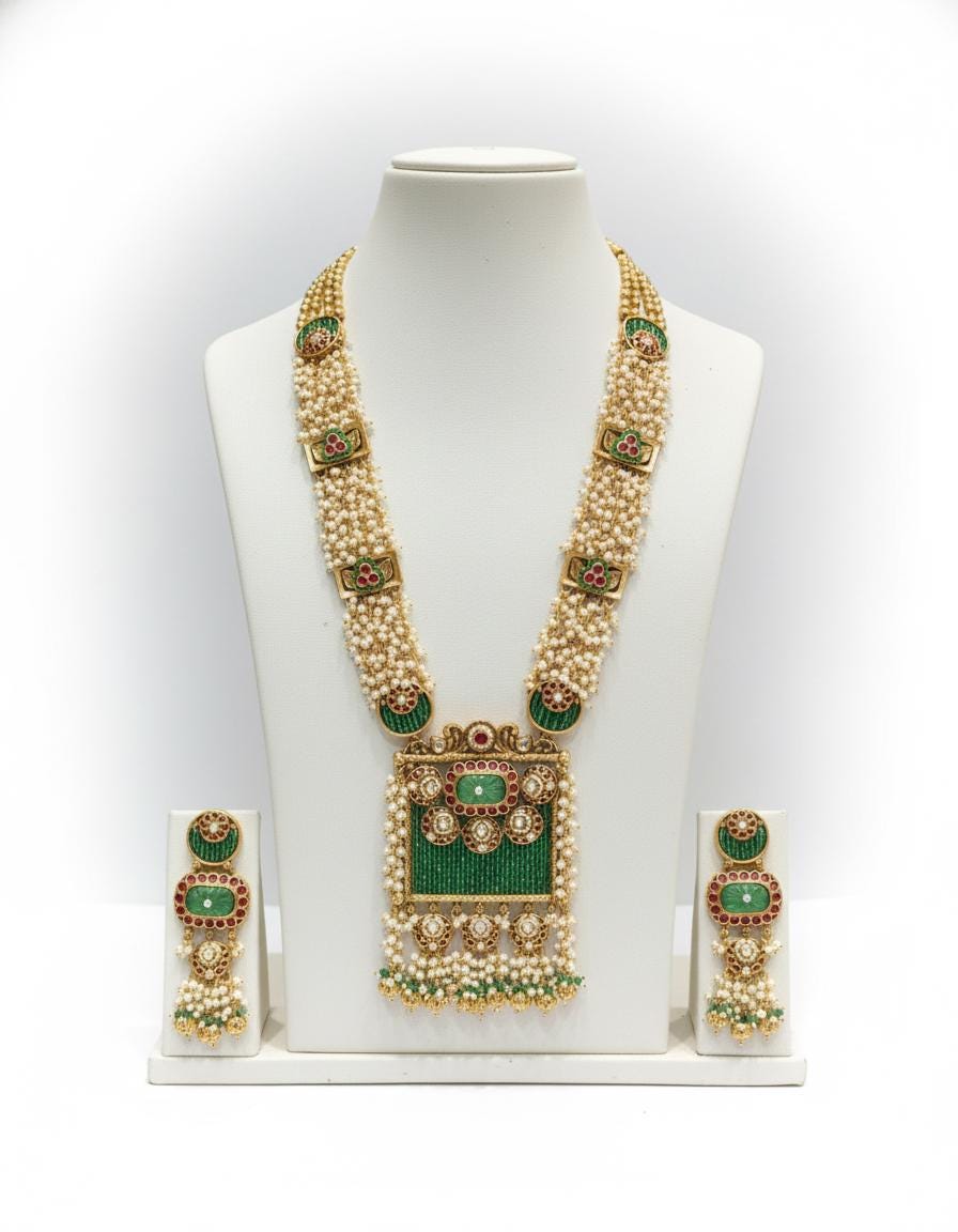 Kundan Rani Haar Necklace with Green Beads & Pearls | Indian Bridal Jewelry Set