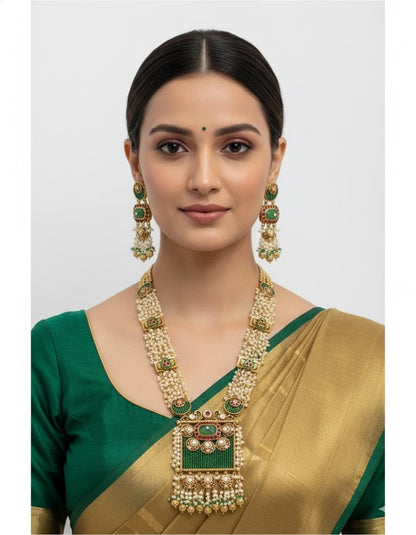 Kundan Rani Haar Necklace with Green Beads & Pearls | Indian Bridal Jewelry Set
