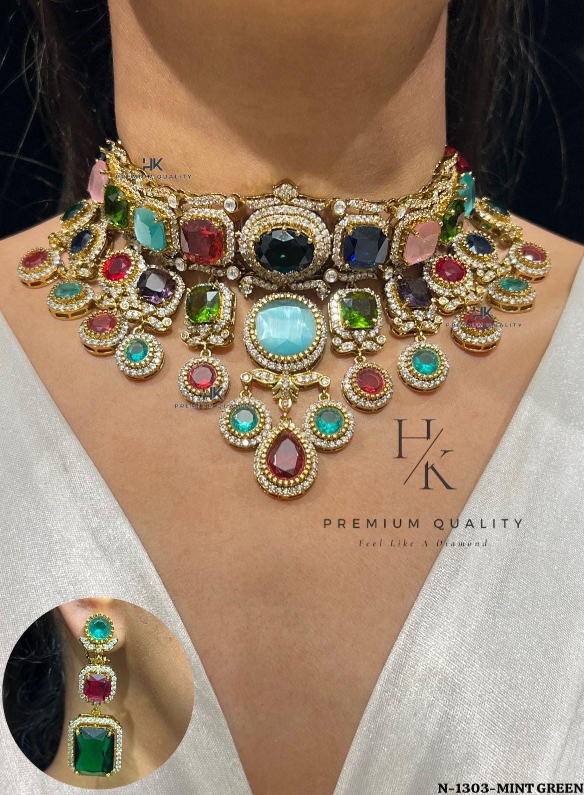 Multi-Color CZ AD Choker Necklace Set | Indian Bridal Jewelry with Earrings