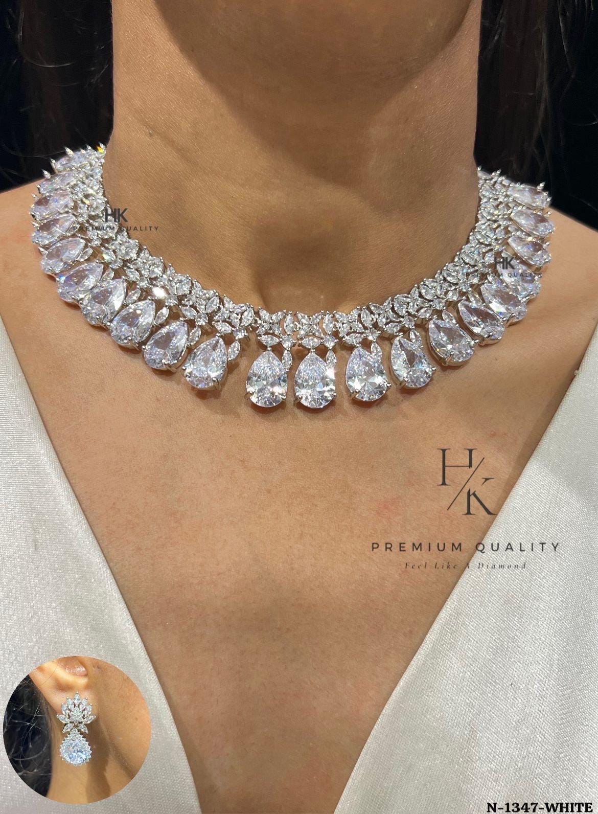 American Diamond Small Necklace with Stud Earrings | Minimal AD Jewelry Set