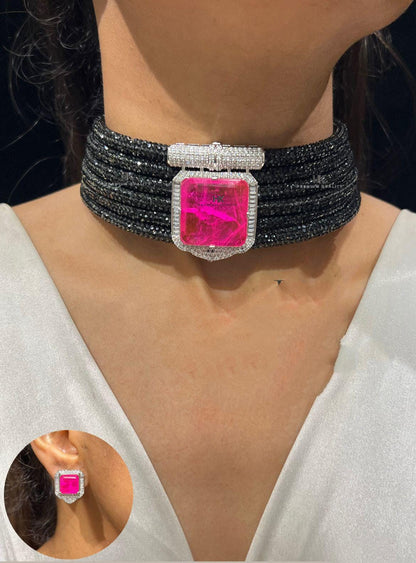 Statement Choker Necklace Set, Crystal Geometric Centerpiece, Modern Bridal Party Jewelry