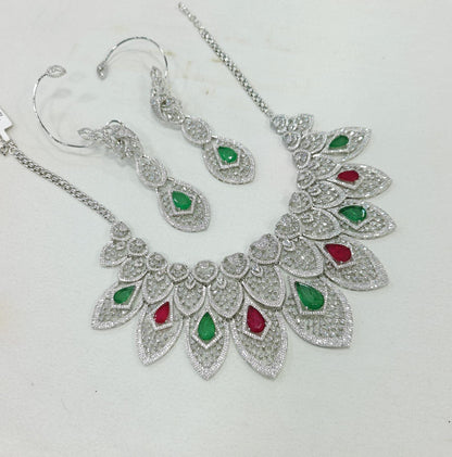 Emerald American Diamond Necklace & Earrings Set: Bridal Jewelry