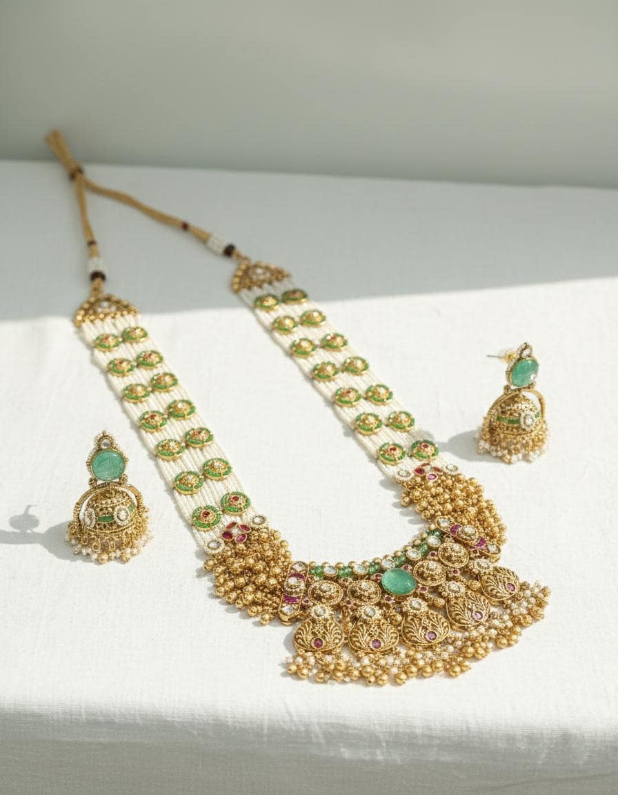 Long Indian Bridal Necklace Set with Earrings | Traditional Wedding Jewelry