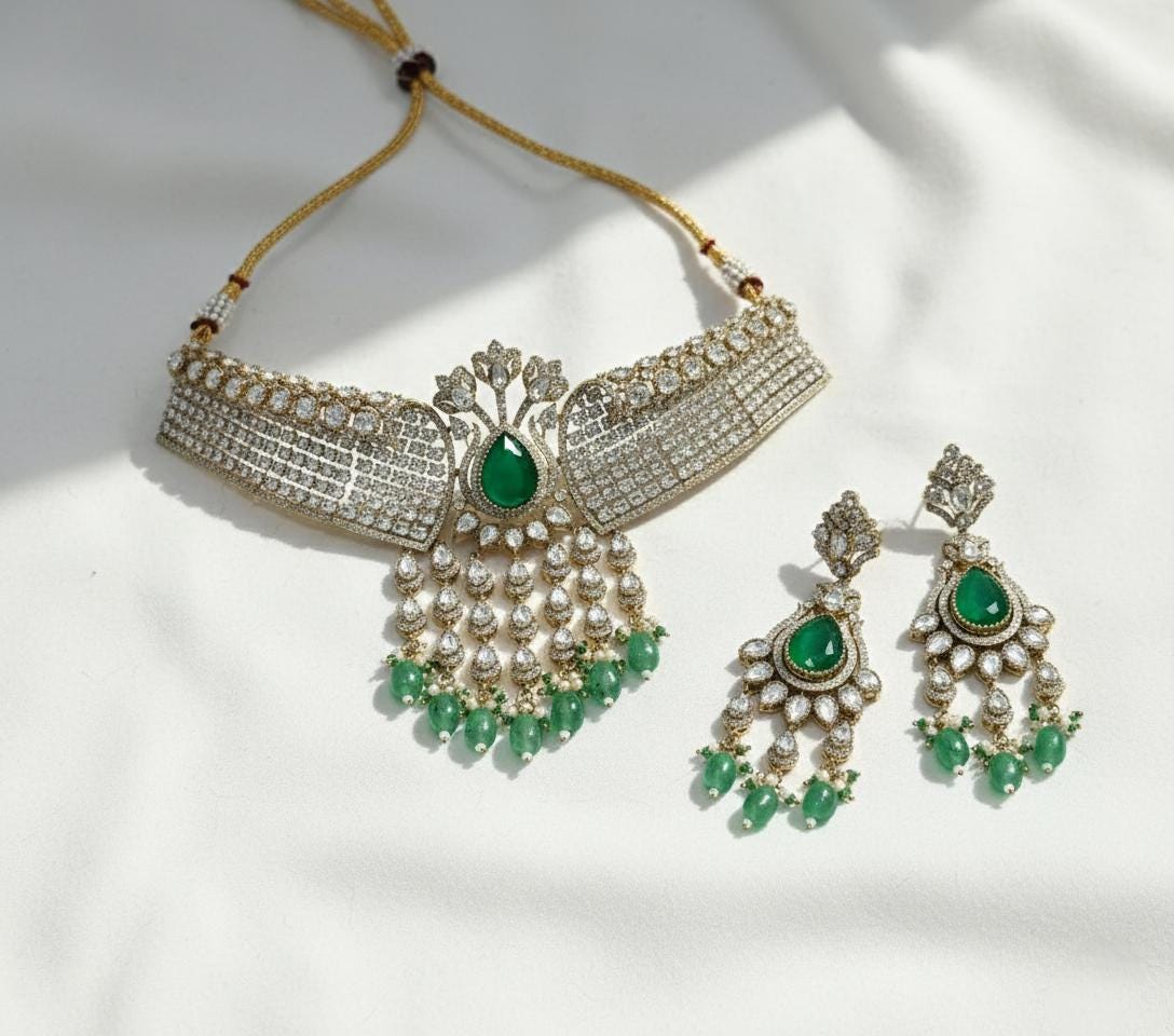 CZ Kundan Choker Set | Indian Bridal Jewelry with Maangtikka