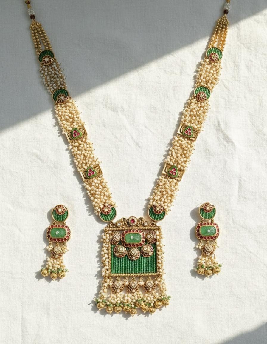 Kundan Rani Haar Necklace with Green Beads & Pearls | Indian Bridal Jewelry Set