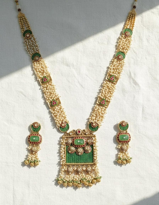 Kundan Rani Haar Necklace with Green Beads & Pearls | Indian Bridal Jewelry Set