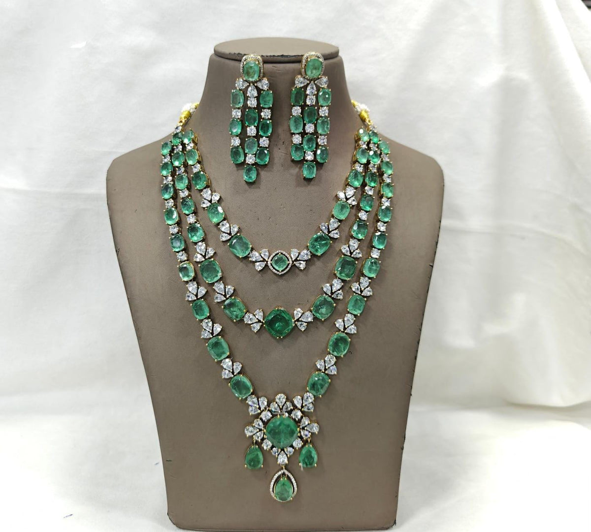 American Diamond 3 Layer Long Necklace Set with Earrings | Party & Wedding Jewelry