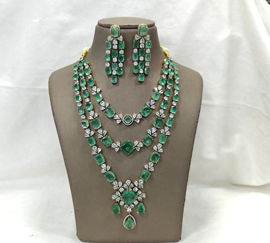 American Diamond 3 Layer Long Necklace Set with Earrings | Party & Wedding Jewelry