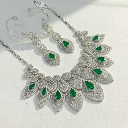 Emerald American Diamond Necklace & Earrings Set: Bridal Jewelry