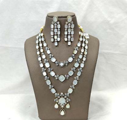 American Diamond 3 Layer Long Necklace Set with Earrings | Party & Wedding Jewelry