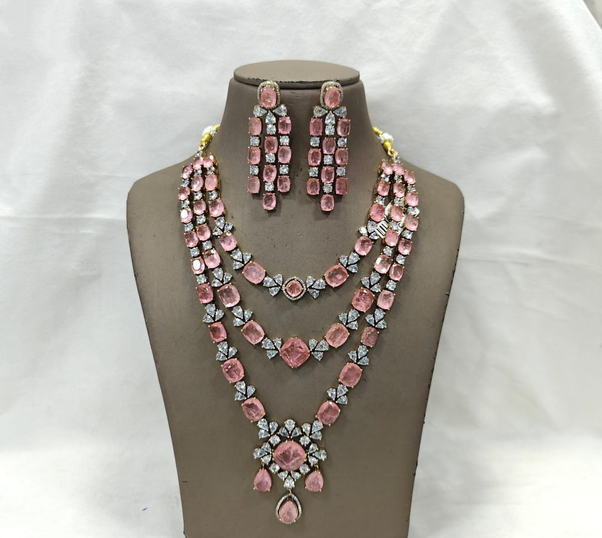 American Diamond 3 Layer Long Necklace Set with Earrings | Party & Wedding Jewelry
