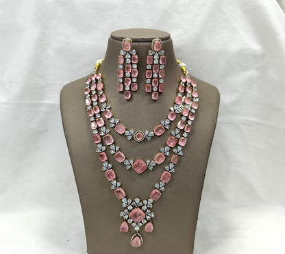 American Diamond 3 Layer Long Necklace Set with Earrings | Party & Wedding Jewelry