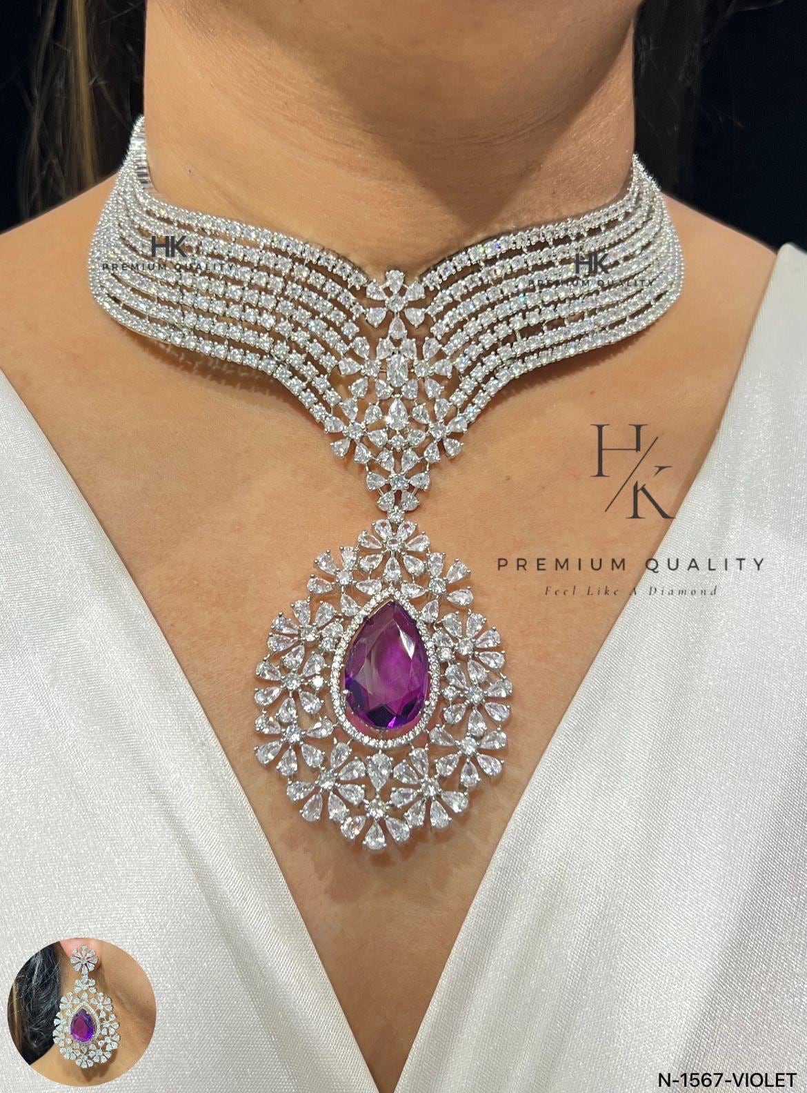 American Diamond Necklace and Earrings Set: Rhodium Plated Wedding Jewelry