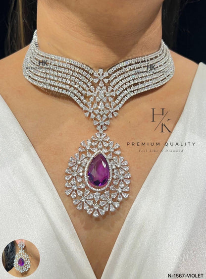 American Diamond Necklace and Earrings Set: Rhodium Plated Wedding Jewelry