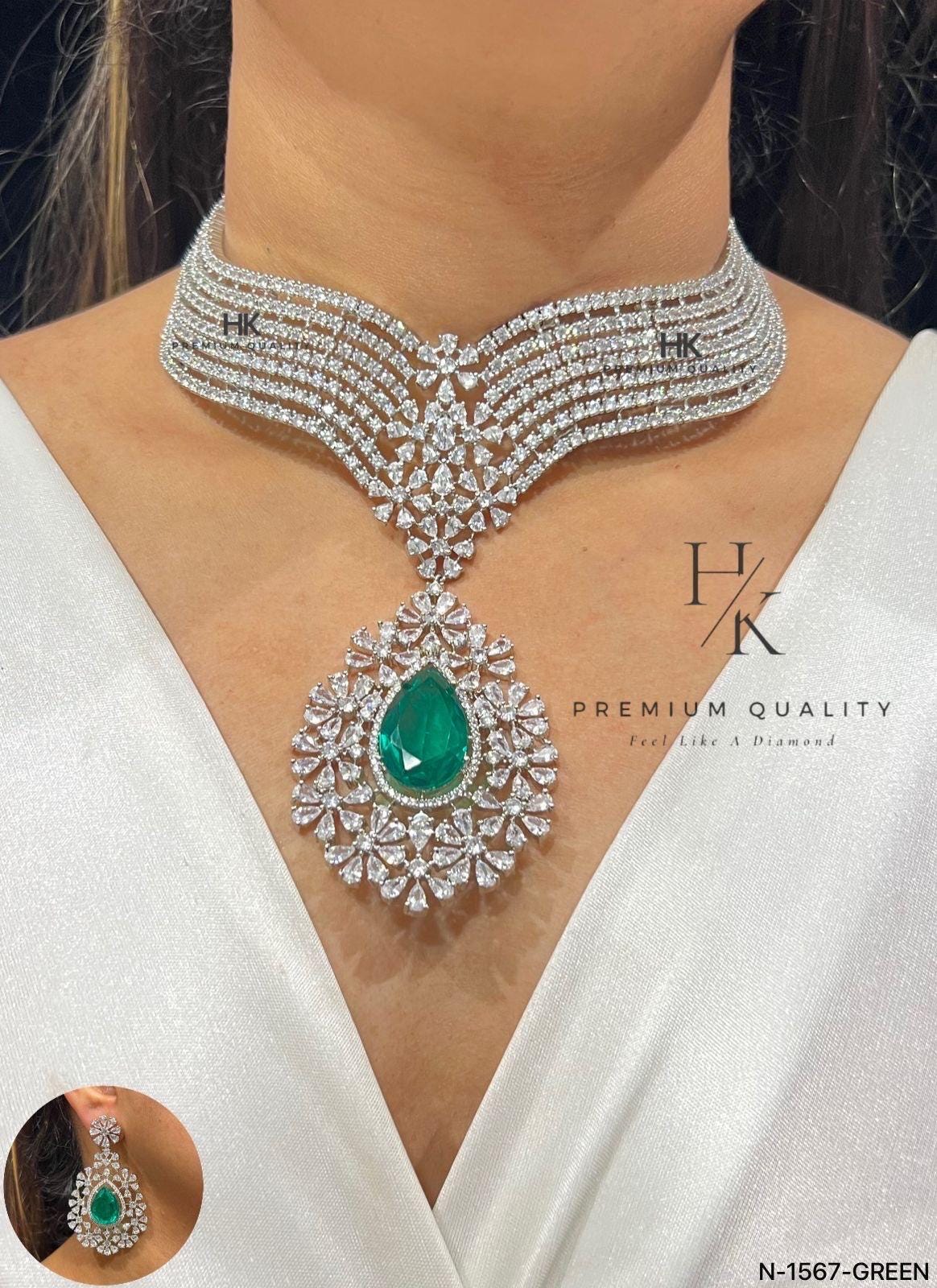 American Diamond Necklace and Earrings Set: Rhodium Plated Wedding Jewelry