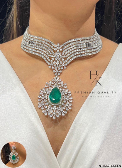 American Diamond Necklace and Earrings Set: Rhodium Plated Wedding Jewelry