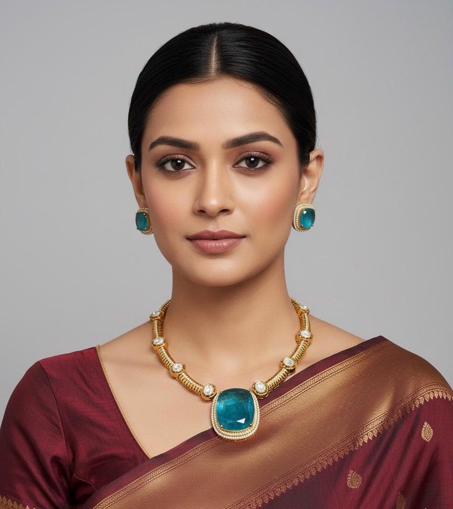 22ct Gold Plated Kundan Hasli Necklace Set: American Diamond Indian Jewelry