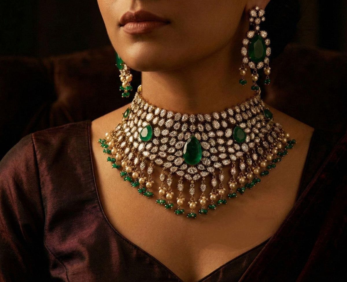 Moissanite Polki Kundan Choker Necklace Set with Earrings | Indian Bridal Jewelry