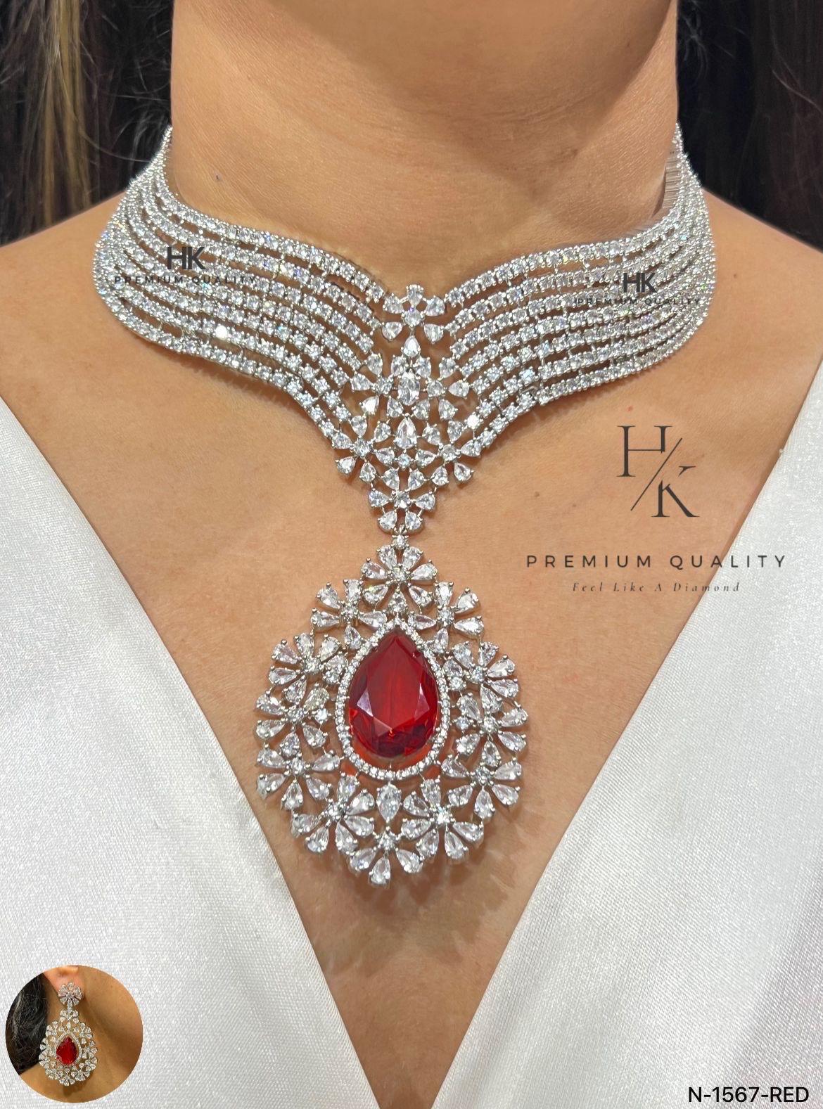 American Diamond Necklace and Earrings Set: Rhodium Plated Wedding Jewelry