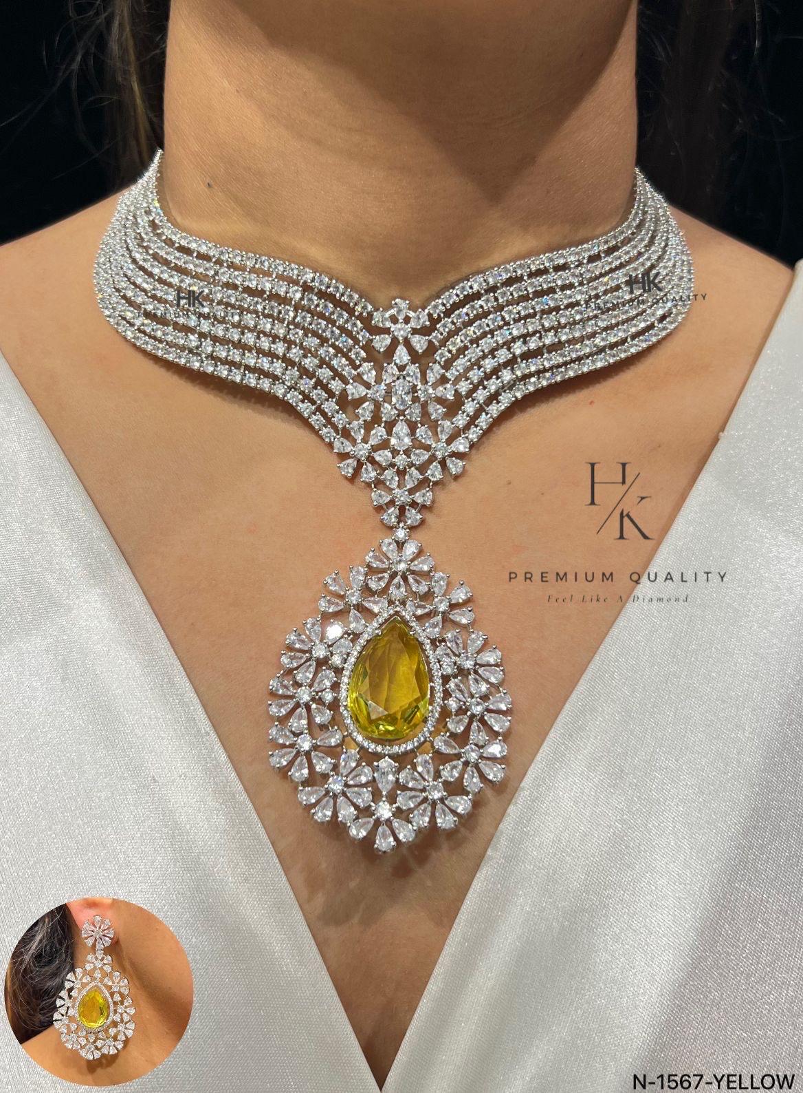 American Diamond Necklace and Earrings Set: Rhodium Plated Wedding Jewelry