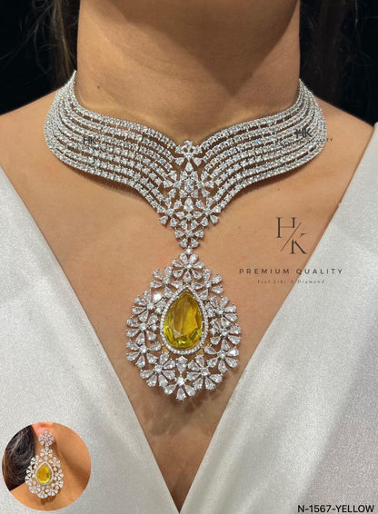 American Diamond Necklace and Earrings Set: Rhodium Plated Wedding Jewelry