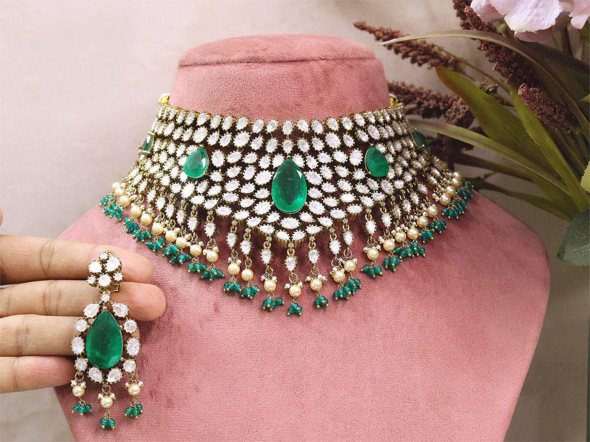 Moissanite Polki Kundan Choker Necklace Set with Earrings | Indian Bridal Jewelry