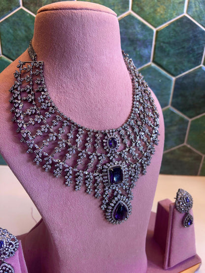 American Diamond CZ Choker Necklace Set, Indian Bridal Jewelry with Earrings