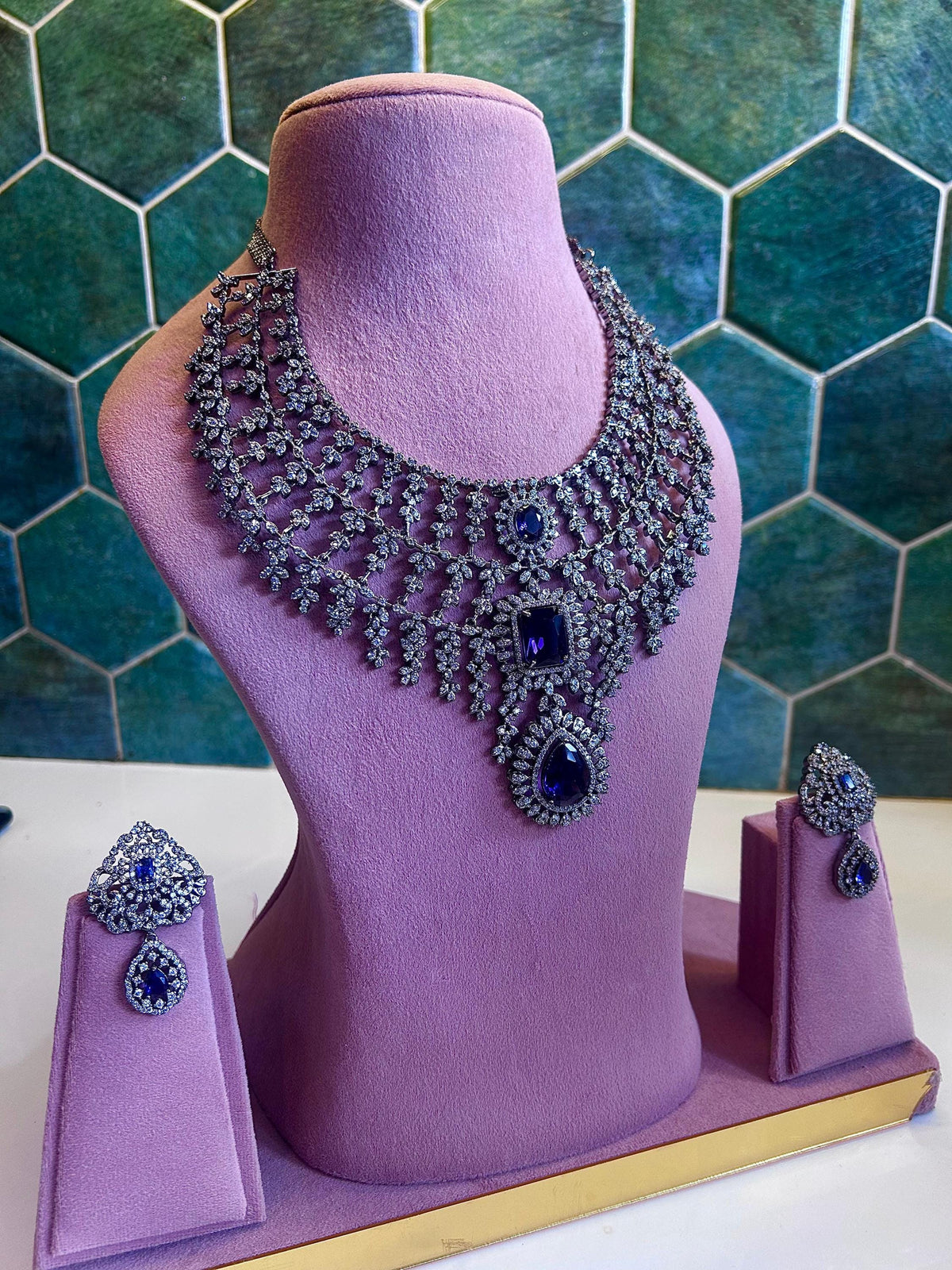 American Diamond CZ Choker Necklace Set, Indian Bridal Jewelry with Earrings