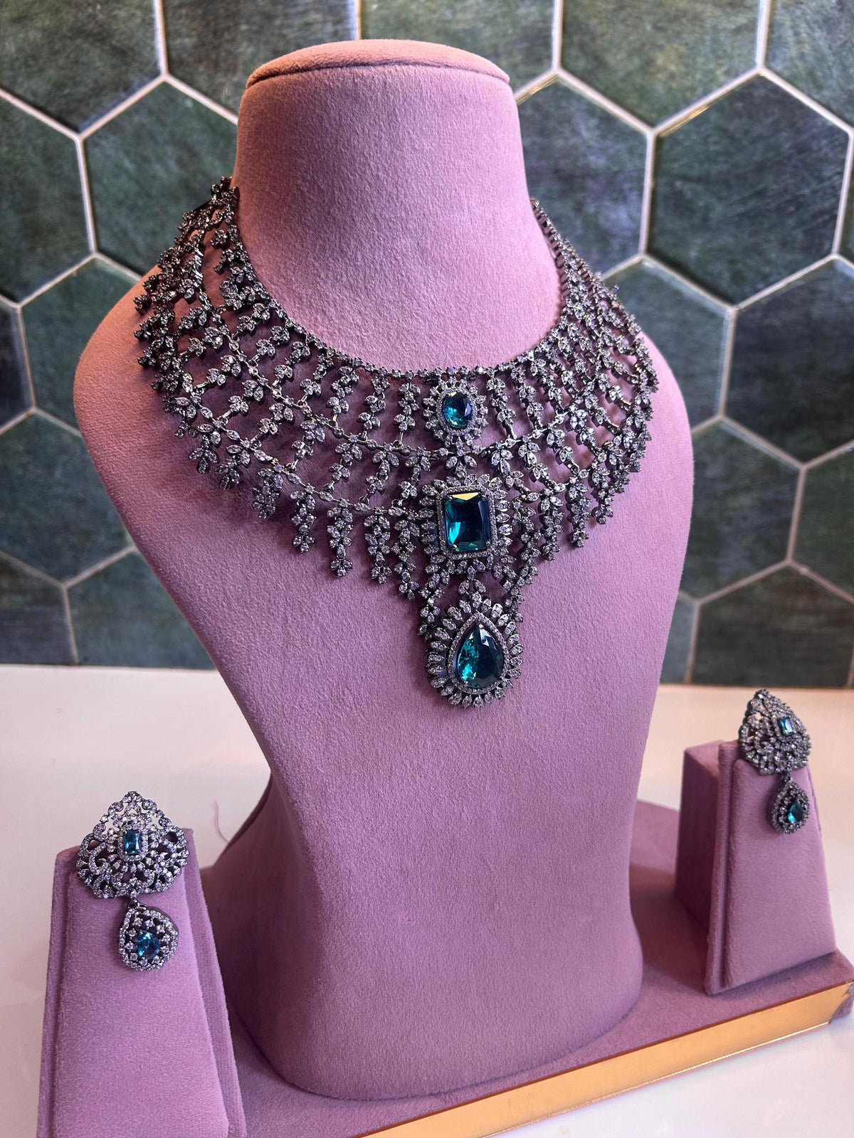 American Diamond CZ Choker Necklace Set, Indian Bridal Jewelry with Earrings
