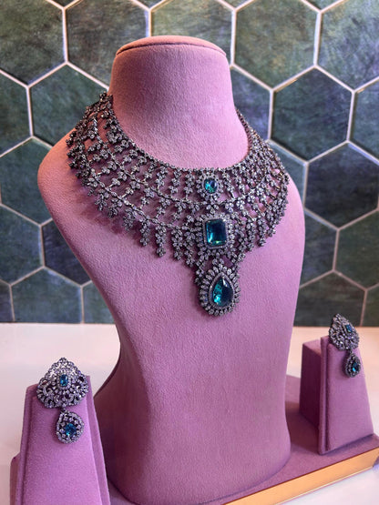 American Diamond CZ Choker Necklace Set, Indian Bridal Jewelry with Earrings