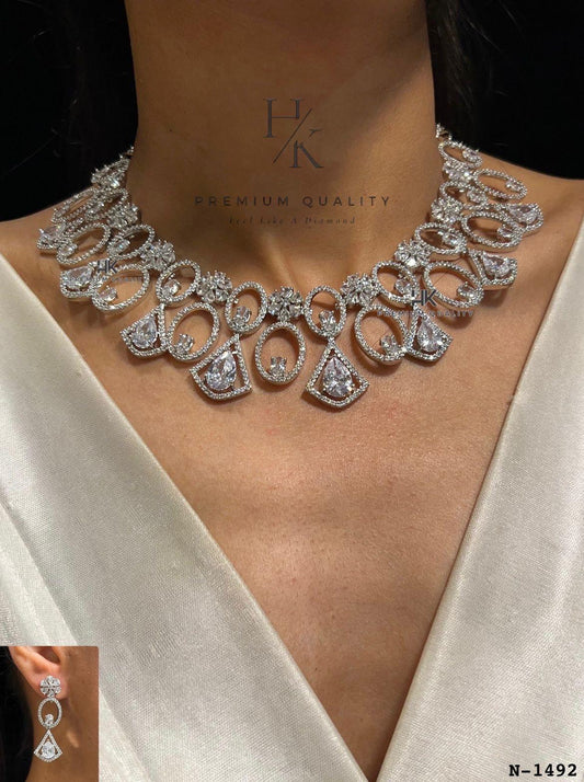CZ Statement Necklace Set | American Diamond Bridal Choker & Earrings | Elegant Party Wear Jewelry