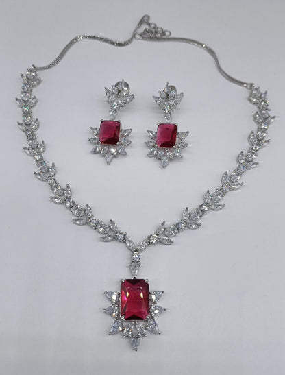 American Diamond CZ Bridal Necklace Set, Leaf Floral Pendant, Matching Earrings