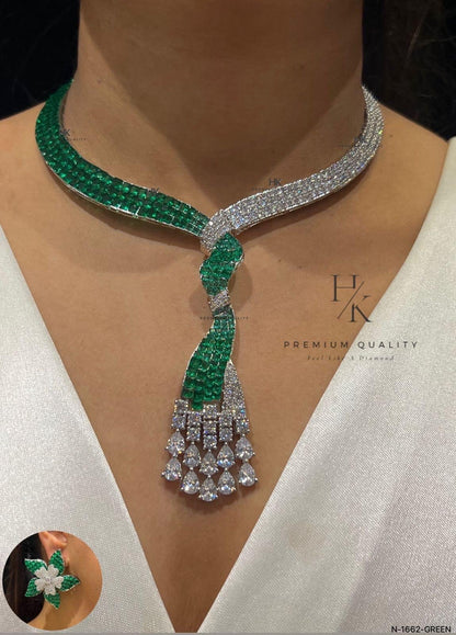 American Diamond Bridal Necklace Set, Two-Tone Y-Style Pendant, CZ Wedding Jewelry