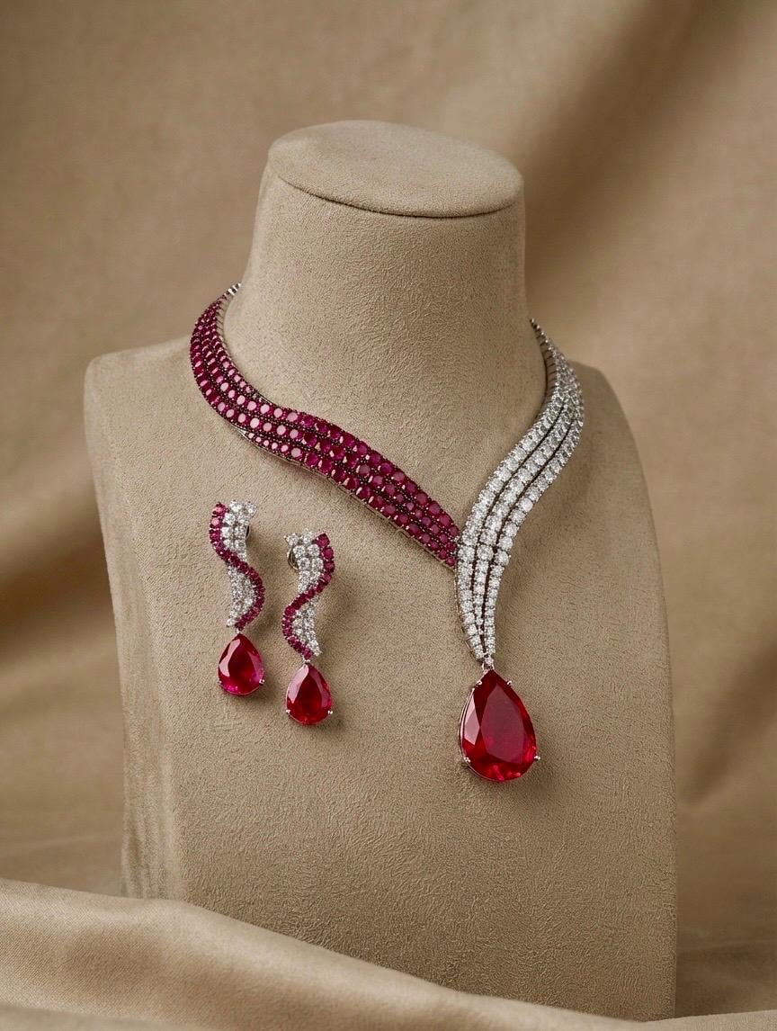 CZ Choker Necklace Set, Silver Tone Indian Wedding Jewelry