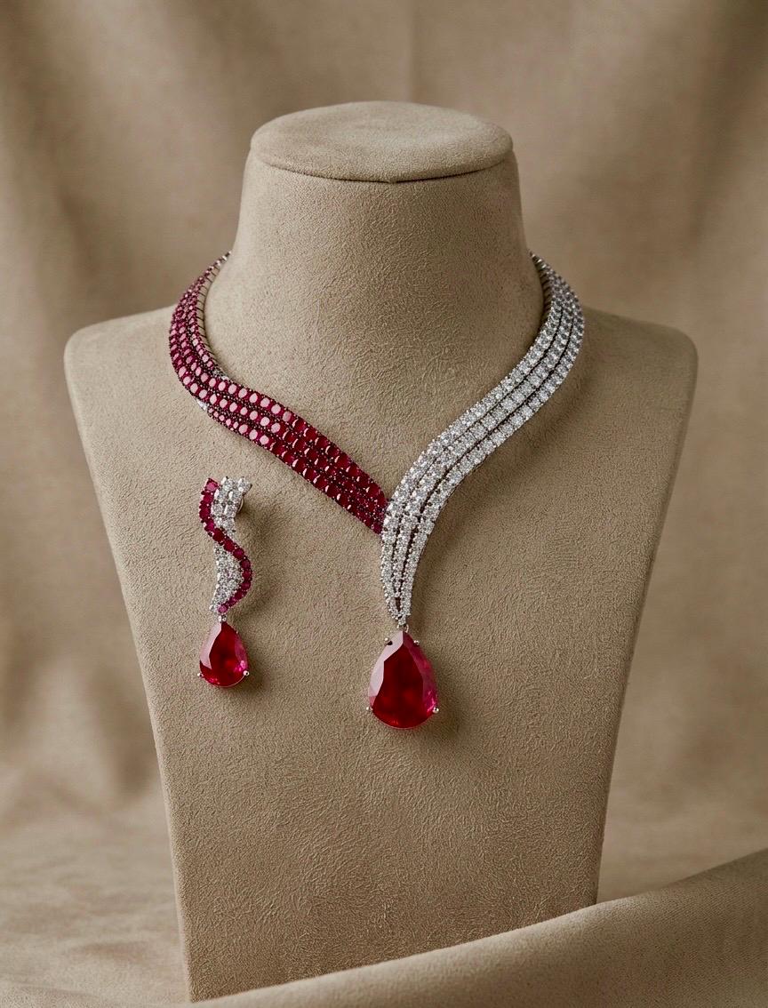 CZ Choker Necklace Set, Silver Tone Indian Wedding Jewelry