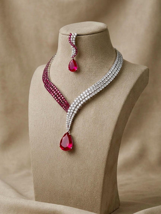 CZ Choker Necklace Set, Silver Tone Indian Wedding Jewelry