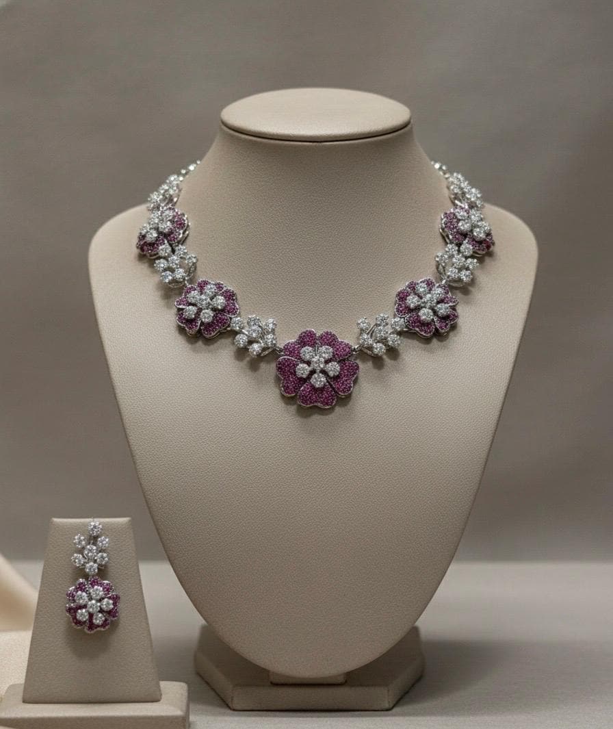 American Diamond Floral Necklace Set | Indian Bridal Jewelry (CZ Statement)