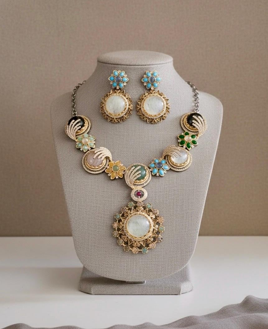Indian Bridal Kundan Necklace Set, Statement Pendant, Matching Earrings
