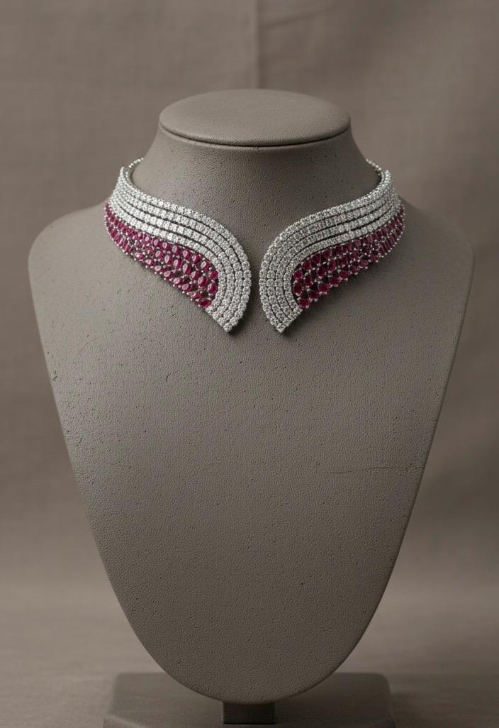 Indian Bridal Necklace Set | Silver Tone CZ Layered Choker (Statement Jewelry)