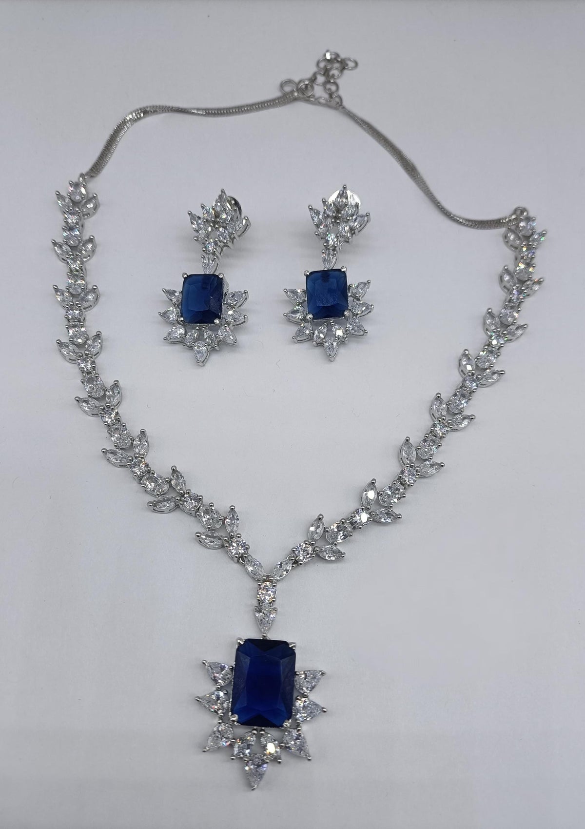 American Diamond CZ Bridal Necklace Set, Leaf Floral Pendant, Matching Earrings